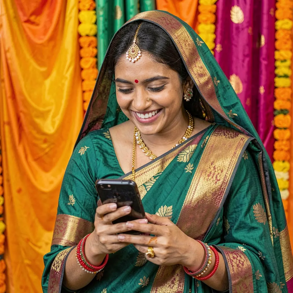 Happy Bangladeshi woman smiling while using the 95BDT casino app on her smartphone with colorful lights in the background
