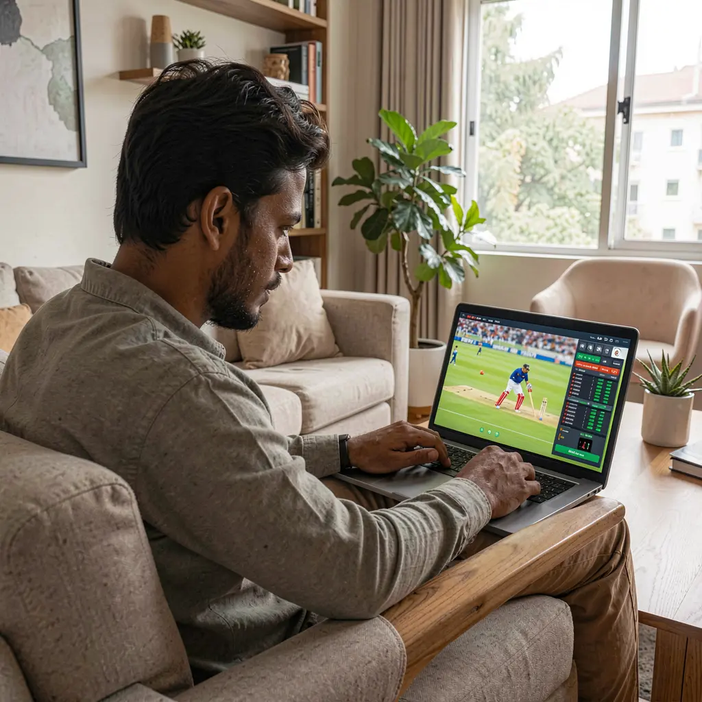Bangladeshi sports fan placing live cricket bets through the 95BDT platform while watching an intense match on a laptop in a modern living room