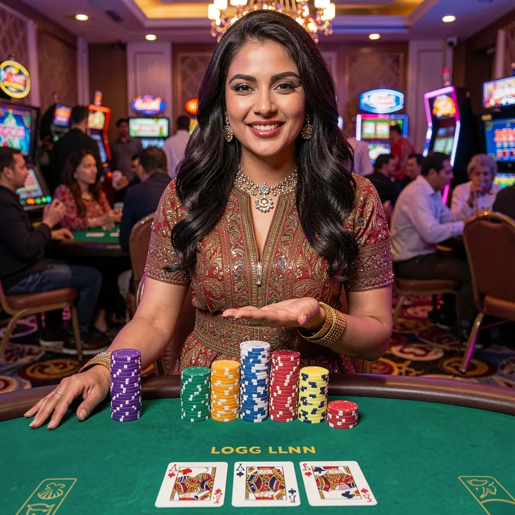 Elegant live casino dealer at a glowing table with stacked chips and cards highlighting the premium online casino experience at 95BDT for players in Bangladesh