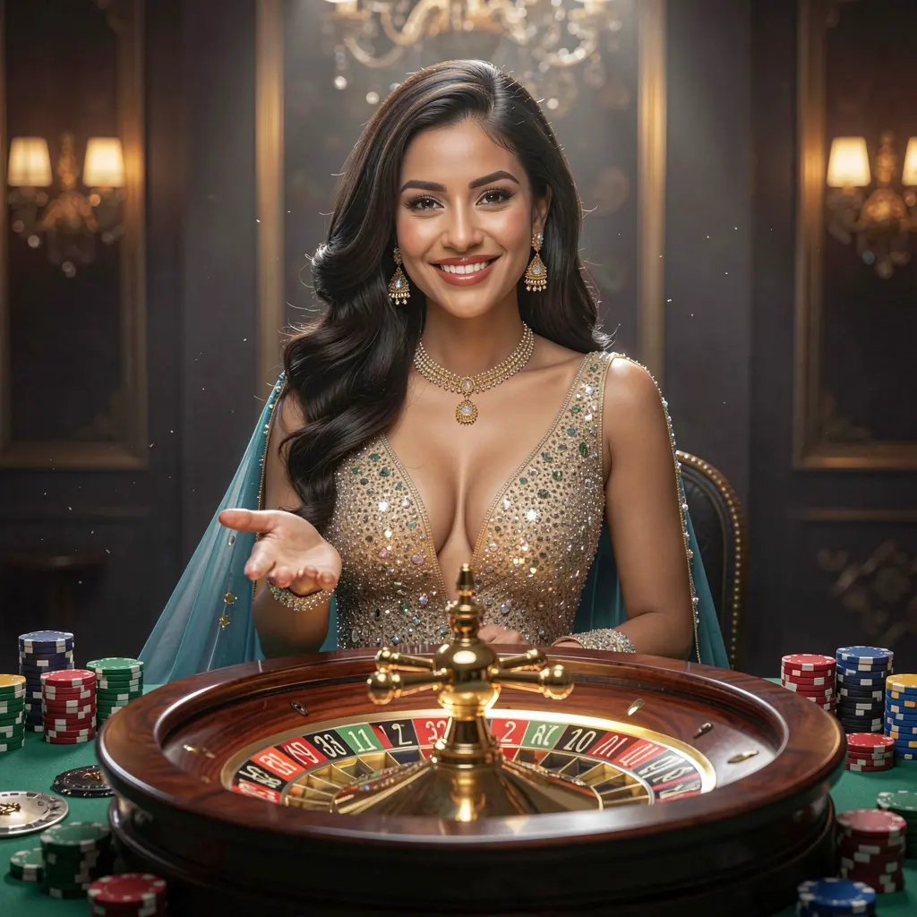 Elegant Bangladeshi casino hostess welcoming players to log in with a glowing roulette wheel and floating chips behind her