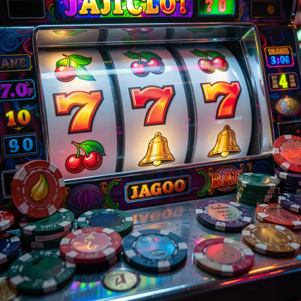Modern slot machine with bright red sevens and golden details surrounded by casino chips highlighting premium gameplay at 95BDT for players in Bangladesh